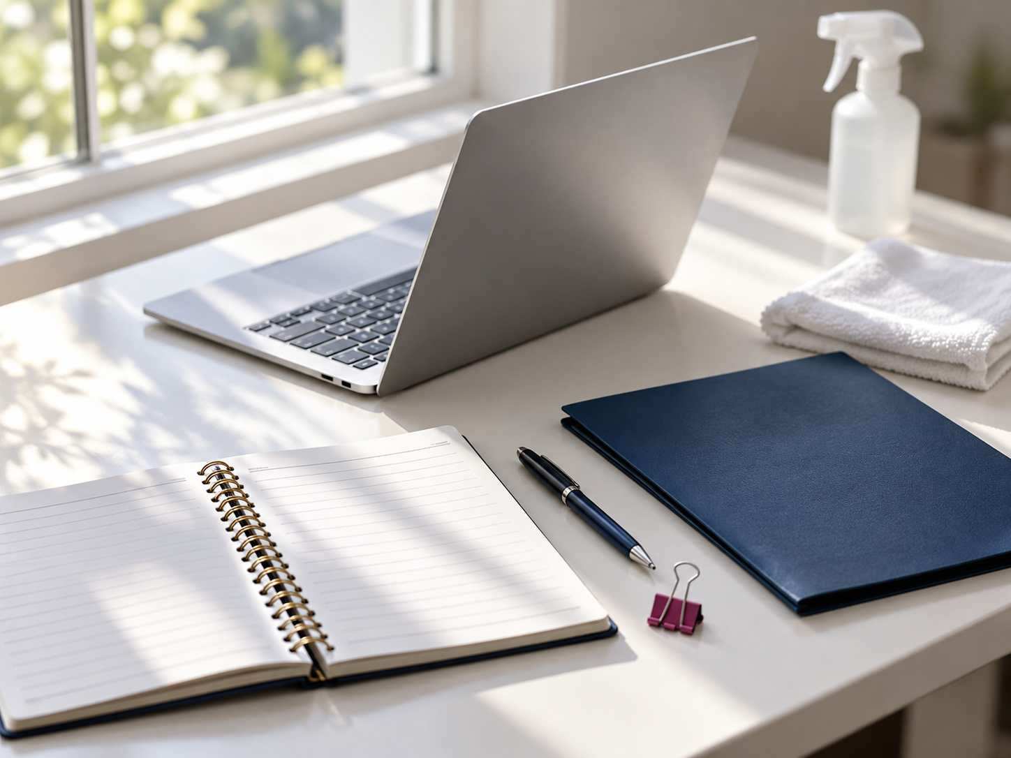 A bright workspace with a laptop, planner and cleaning supplies